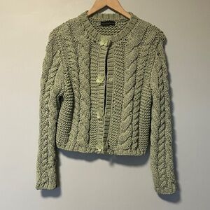 House of Harlow 1960 Chunky Knit Cable Sweater - Green with Buttons Flowers